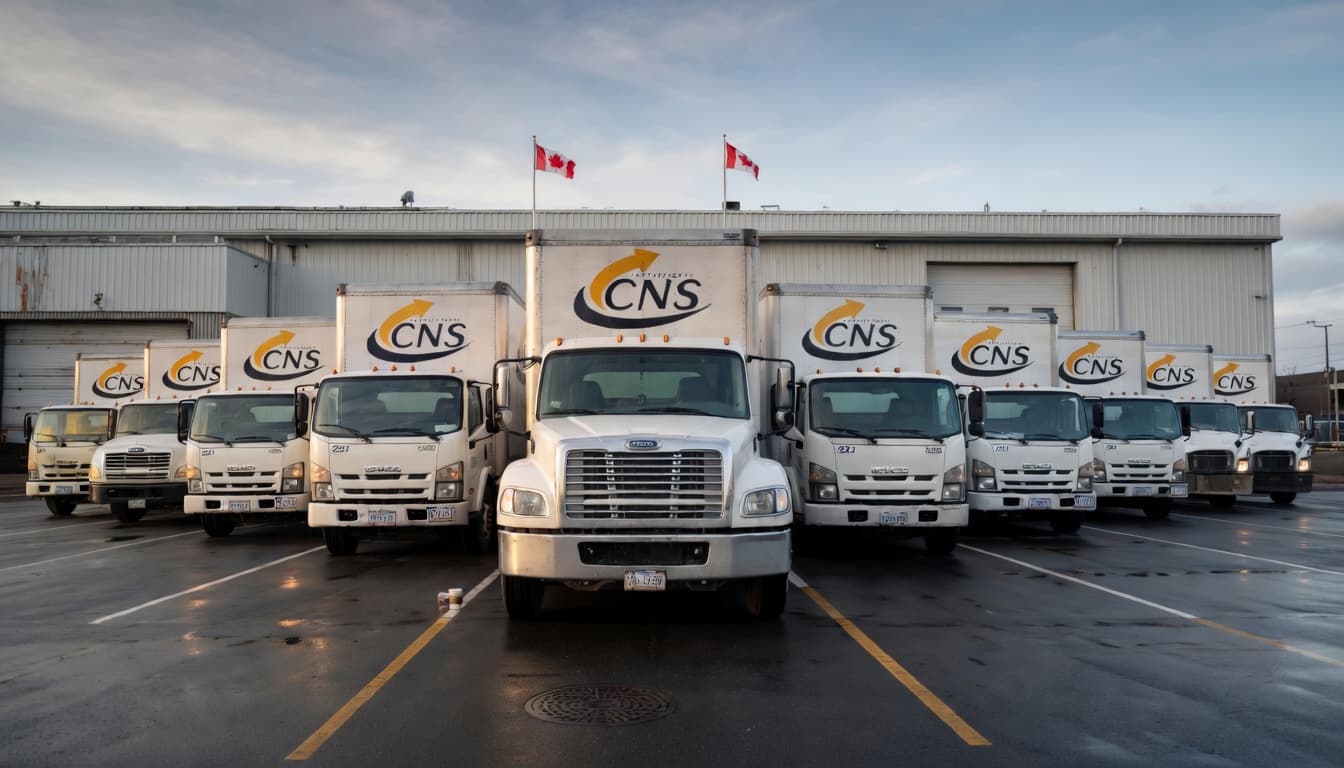 La flotte de camions de Logistiques CNS alignée devant l'entrepôt de Saint-Laurent